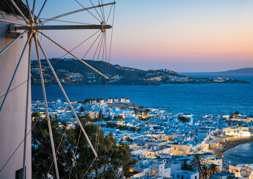 the Night view of Mykonos, Greece 