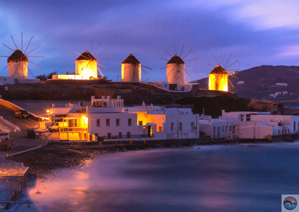 Night view of Mykonos, Greece 